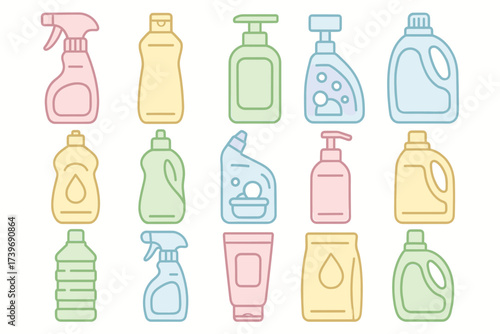 Colorful icons of household cleaning product bottles in various shapes