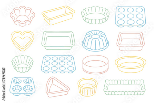 Colorful outline of various baking molds and pans in different shapes
