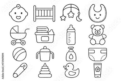 Baby essentials icons: crib, stroller, bottle, toy, diaper, bib, teddy bear, duck