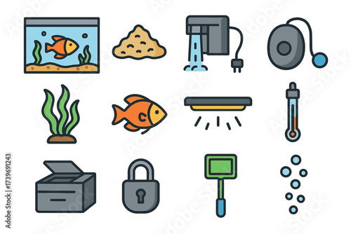 Aquarium essentials: fish tank accessories and maintenance tools illustration