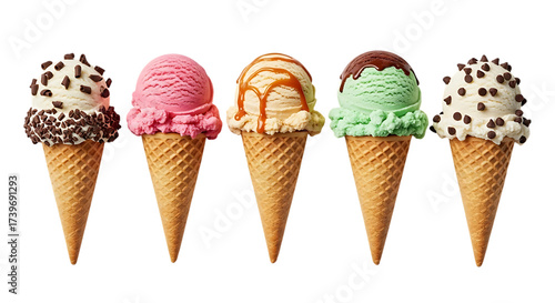 Five assorted ice cream cones with toppings, isolated on transparent background