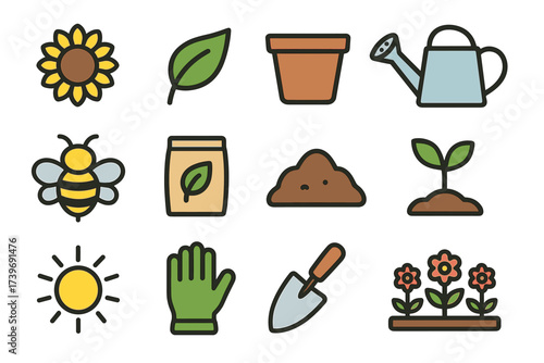 Gardening icons collection: sunflower, leaf, pot, watering can, bee, seed packet, soil, sprout, sun, glove, trowel, flowerbed