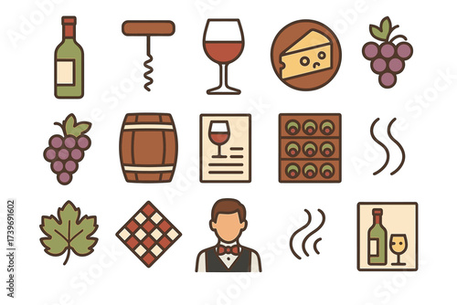 Wine tasting icons featuring bottle, grapes, cheese, and sommelier illustration
