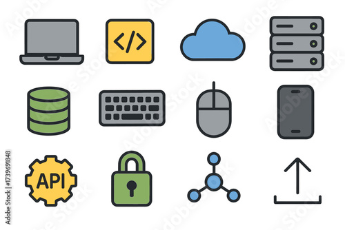 Technology icons set: laptop, cloud, server, coding, api, security, database, keyboard, mouse