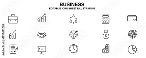 A comprehensive collection of business concept icons, illustrating finance, growth, strategy, and management principles for modern enterprises and digital projects
