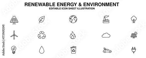 Collection of diverse line icons illustrating renewable energy and environmental sustainability concepts, ideal for eco-friendly and green projects