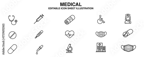A comprehensive set of medical and healthcare outline icons. This vector illustration includes a stethoscope, syringe, hospital, and pill symbols
