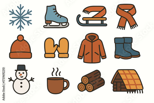 Winter essentials icons: snowflake, ice skate, sled, scarf, hat, mittens, coat, boots, snowman, mug, firewood, cabin