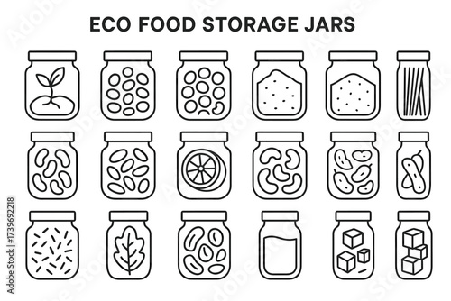 Eco food storage jars with various organic ingredients line art