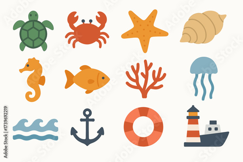 Colorful marine life icons: turtle, crab, starfish, anchor, lighthouse, jellyfish