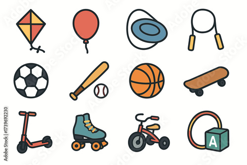 Colorful collection of toys and sports equipment for active play