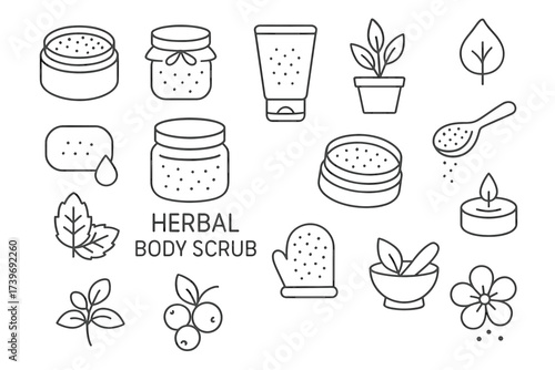 Herbal body scrub ingredients and tools line art with leaves and flowers