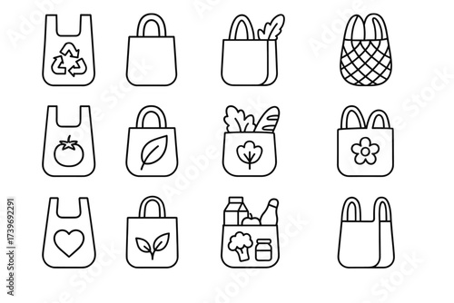 Outline icons of reusable shopping bags with eco-friendly designs