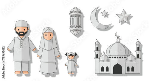 Earthy Tones Flat Illustration of a Loving Muslim Family Enjoying a Peaceful Ramadan Celebration with Mosque Lantern Moon and Star Decorations