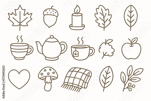 Autumn icons: leaves, tea, candle, acorn, apple, heart, mushroom, blanket