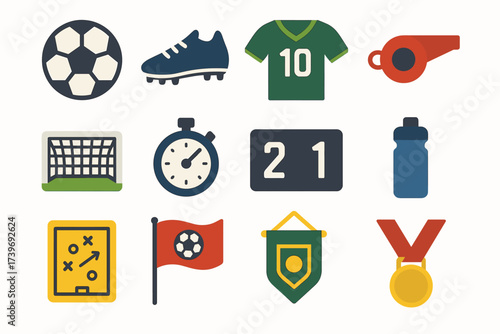 Soccer equipment icons: ball, cleats, jersey, whistle, and more
