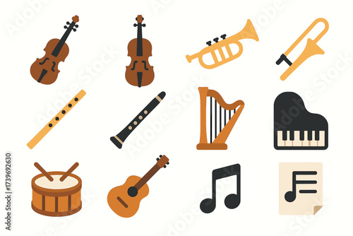 Collection of musical instruments including violin, trumpet, harp, piano, and drum