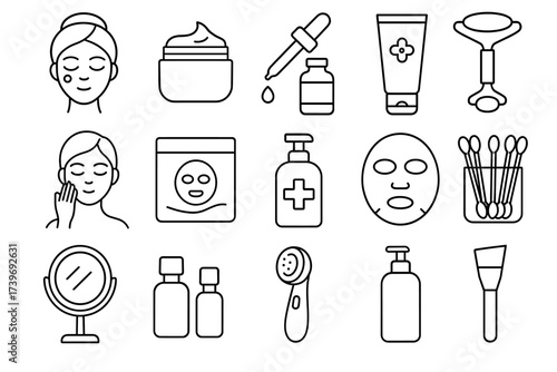 Skincare and beauty icons: cream, dropper, facial roller, mirror, masks, brushes, cotton swabs