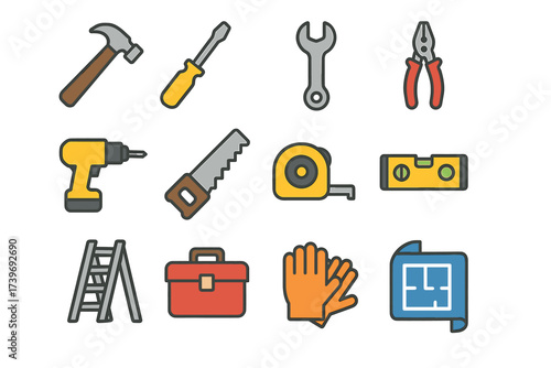 Vector icons of construction tools including hammer, screwdriver, wrench, and more