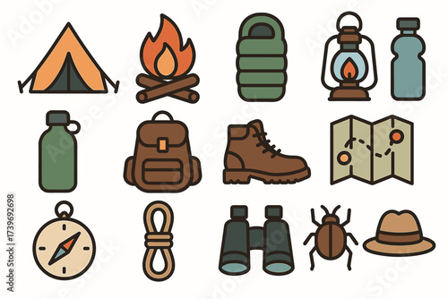 Camping essentials: tent, campfire, backpack, hiking boots, map, lantern, compass, sleeping bag