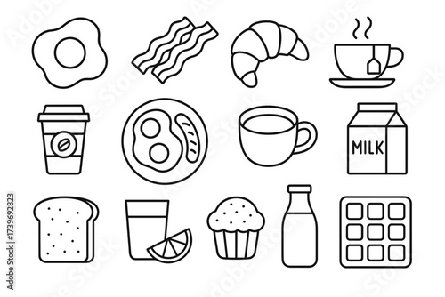 Breakfast icons: eggs, coffee, croissant, bacon, tea, milk, toast, juice, muffin, waffle