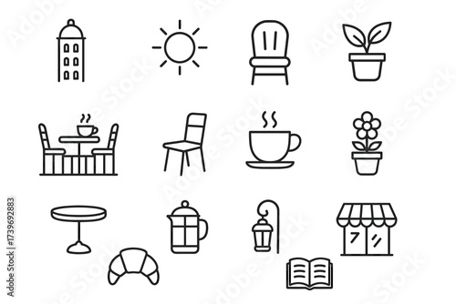 Icon set: coffee, furniture, plants, bakery, and weather symbols