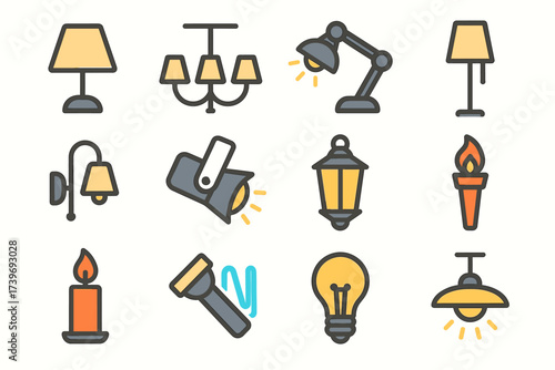 Variety of lighting icons featuring lamps, chandeliers, torches, candles, and flashlights