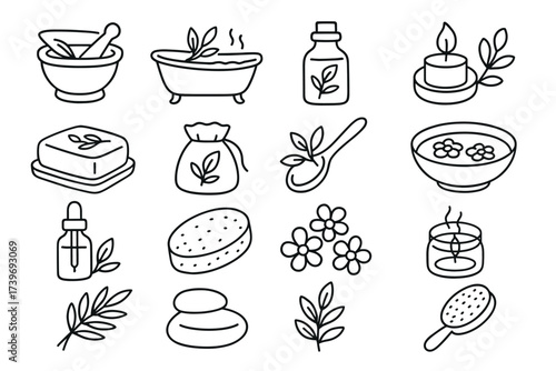 Collection of hand-drawn spa and wellness icon set featuring various relaxation symbols