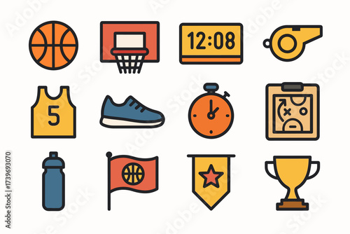 Basketball icons: hoop, clock, whistle, jersey, shoe, stopwatch, strategy board, trophy