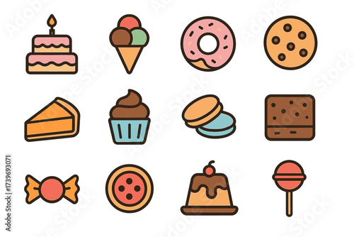 Assorted dessert icons: cake, ice cream, donut, cookie, pie, cupcake, macaron, brownie, candy