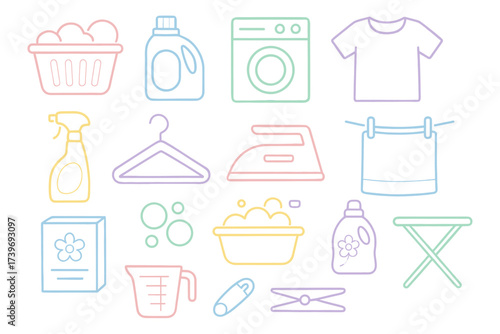 Colorful laundry icons set: washing machine, detergent, iron, hanger, and more