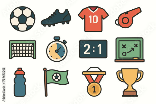 Soccer icons: ball, jersey, whistle, goal, stopwatch, scoreboard, strategy, flag, medal, trophy