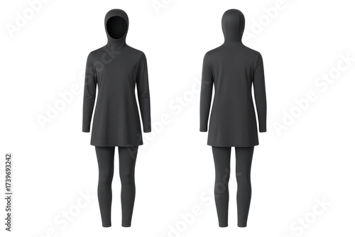Black full-body modest burkini swimwear isolated on transparent background.