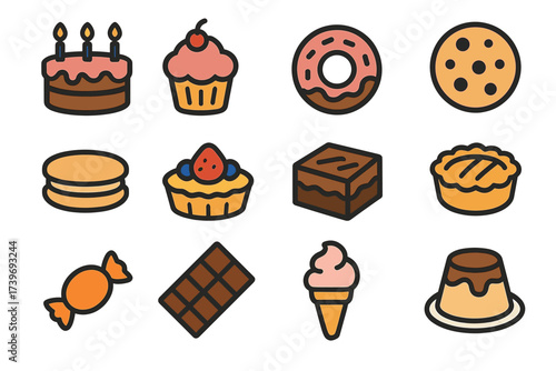 Colorful assorted desserts illustrations with cakes, donut, cupcake, macaron, and chocolate