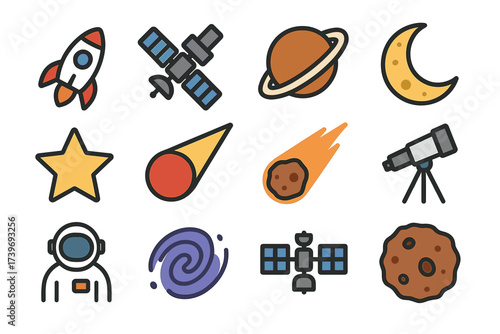 Space icons: rocket, satellite, planet, moon, star, comet, astronaut