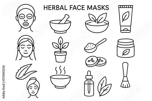Herbal face masks: natural skincare elements and tools in line art