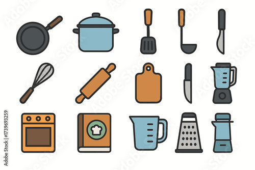 Colorful kitchen utensils and appliances icon set on white background