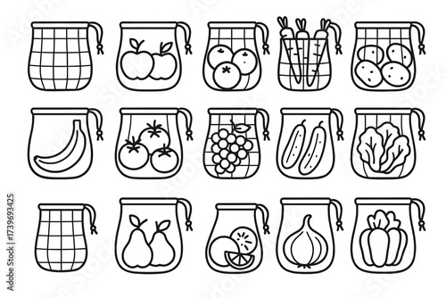 Reusable produce bags with fruits and vegetables icons in grid design