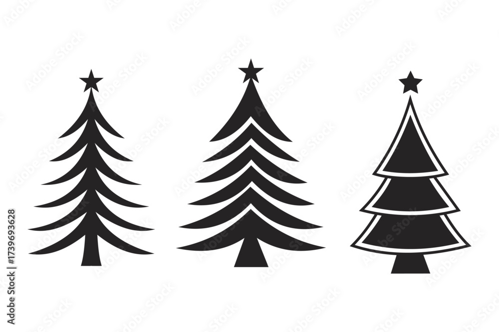 Obraz premium Three stylized black silhouette Christmas trees with stars on top against a white background