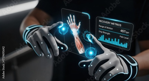 A futuristic scene featuring a male researcher in a lab environment, equipped with holographic technology displaying muscle recovery metrics and a high-tech interface for monitoring health.