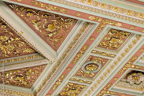 Luxurious, intricately gilded ceiling panels featuring gold leaf and floral rosettes,