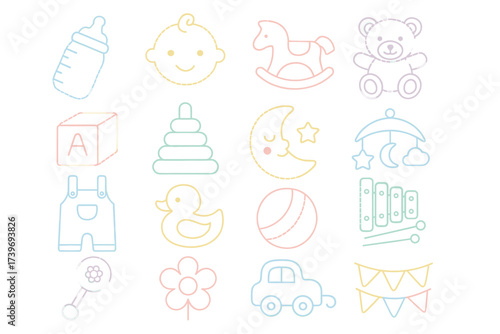 Colorful outline of baby toys and accessories illustrations