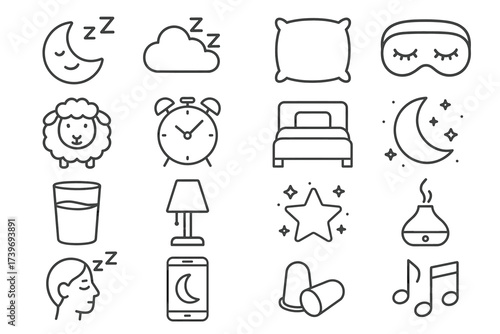 Sleep icons set: moon, cloud, pillow, eye mask, sheep, alarm, bed, stars, lamp, essential oil, earplugs, music note