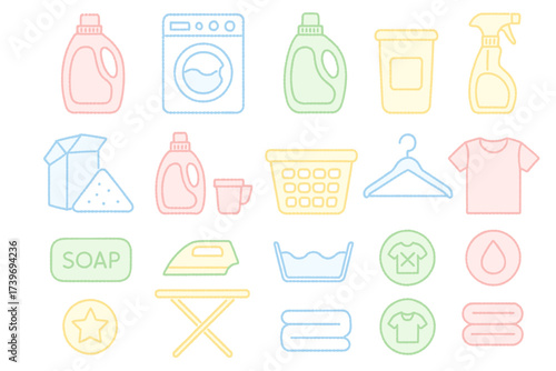 Colorful laundry icons: washing machine, detergents, iron, soap, and clothing elements
