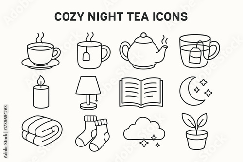 Cozy night tea icons featuring teapot, cup, candle, lamp, book, blanket, socks, cloud, stars, plant