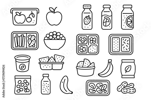 Outline icons of healthy snacks and drinks: fruits, nuts, and yogurt