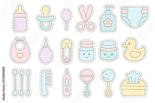 Colorful pastel baby essentials: bottles, pacifiers, diapers, toys, and more