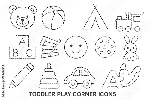Cute toddler play corner icon set with toys and letters for child's room decor