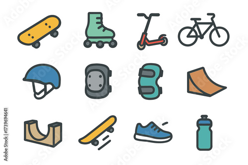Collection of skateboarding and cycling gear icons including helmet and water bottle