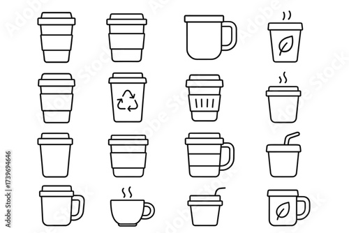 Variety of coffee cup icons: reusable, recyclable designs for eco-friendly beverage lovers